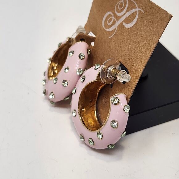 Plunder Design Pink Enamel Rhinestone Hoop Earrings Chunky Post Fashion Jewelry - Picture 2 of 5